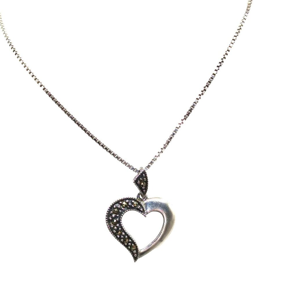 Vintage Sterling Silver Marcasite Heart Pendant Necklace, 925 SU Half Jeweled